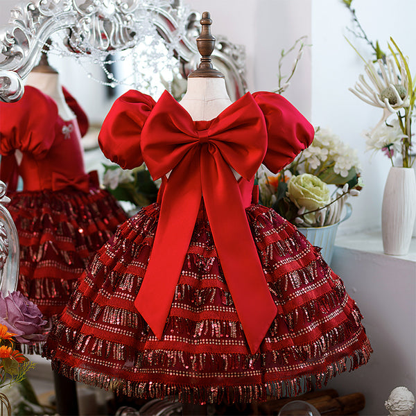 Girl Christmas Dress Toddler Prom Dress Girl Party Pageant Sequin Big Bowknot Fluffy Princess Dress