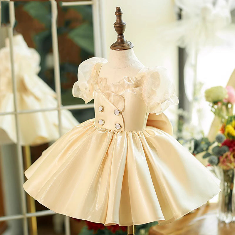 Cute Girl's Mesh Puff Sleeves Clutch Dress Toddler Prom Dress