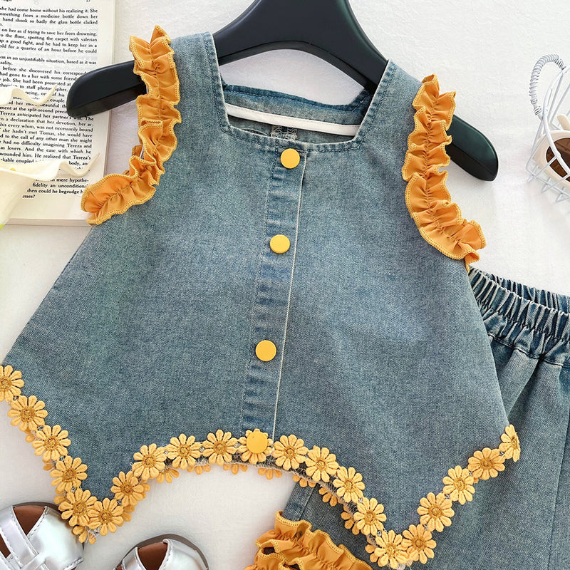 Girls' Summer Denim Hollow Back Bow Sleeveless Top and Shorts Two-piece Set