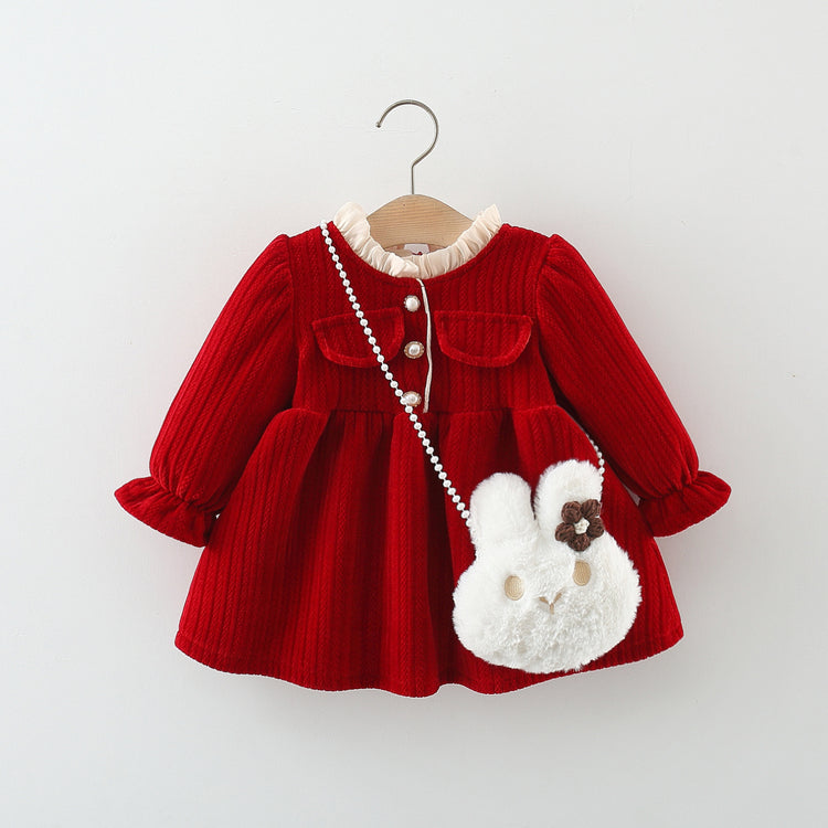 Girls' New Winter Wavy Placket New Year Dress