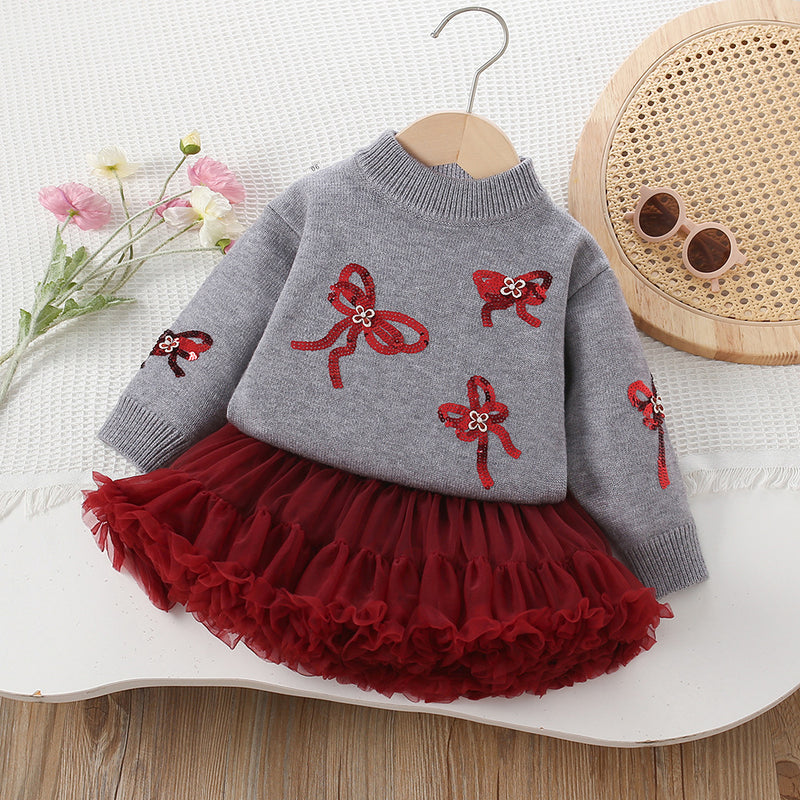 Girls' Sequin Bow Knitted Pullover Tutu Skirt Two-Piece Set
