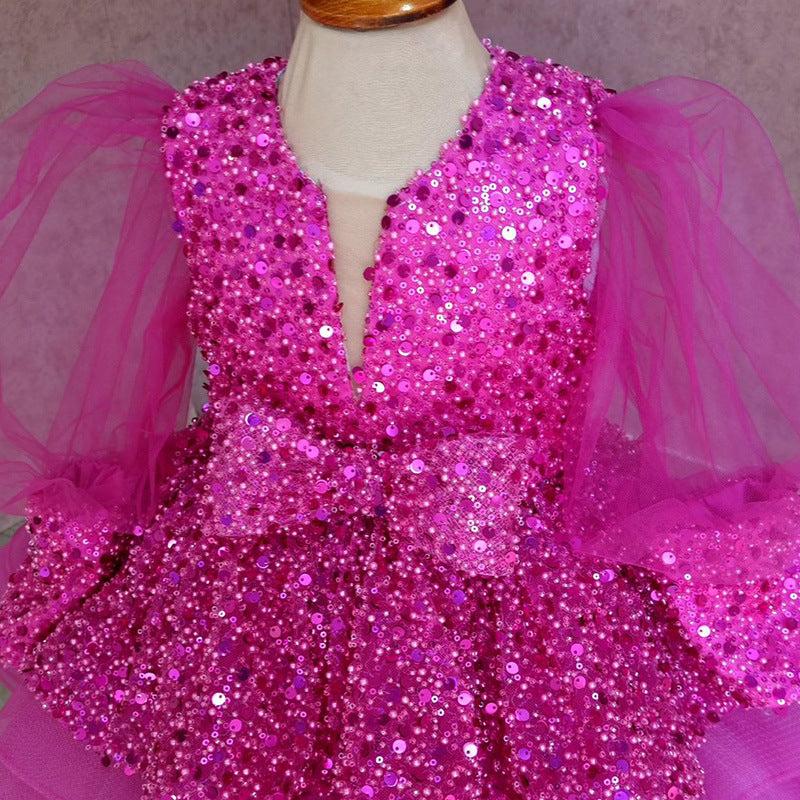 Elegant Baby Girl Sequined Mesh Puff Sleeve Puff Dress Girl Toddler First Communion Princess Dress