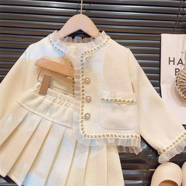 Girls' Mesh Spliced Jacket and Pleated Skirt Two-Piece Set