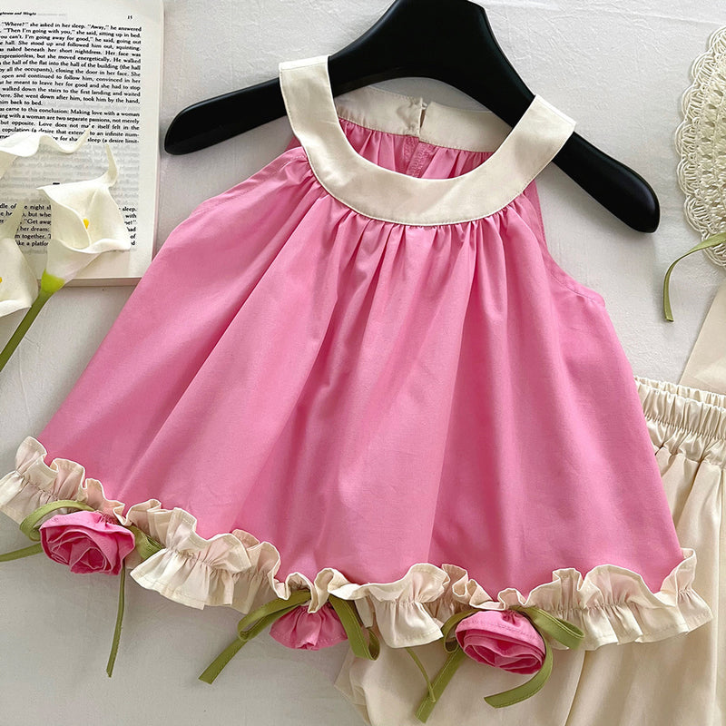 Girls summer baby girl three-dimensional flower sleeveless top lace shorts two-piece set
