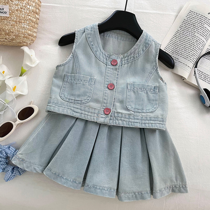 Girls Summer Thin Soft Denim Vest Skirt Two-piece Set