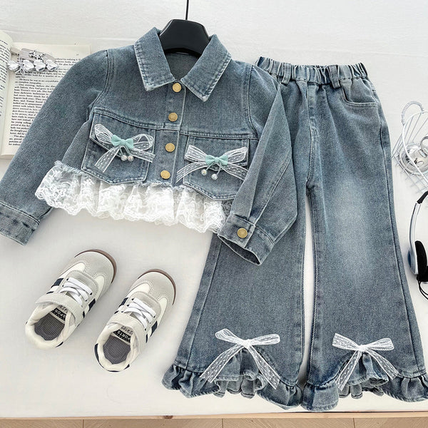 Girls' Lace Denim Jacket and Flared Jeans Two-Piece Set