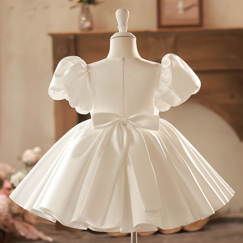 Sweet Baby Girls Pure White Bow Waist Princess Dress Toddler First Communion Dress