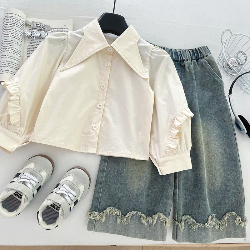 Girls' Denim Vest Shirt and Wide-leg Jeans Three-piece Set