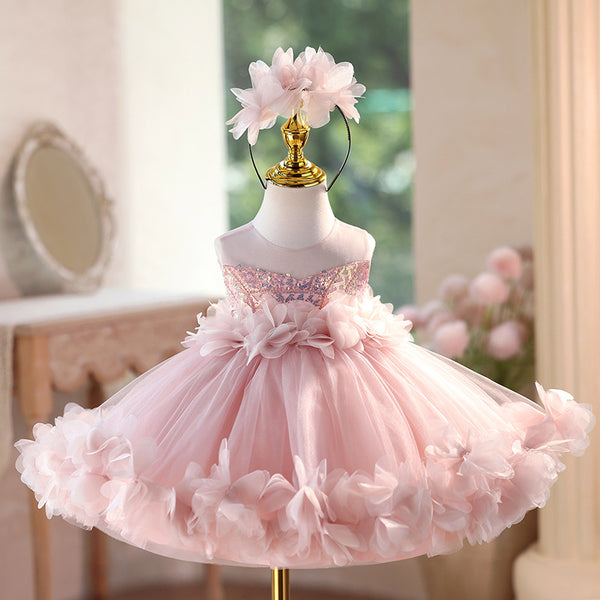 Girls Pink Birthday Dress Children's Party Princess Dress Flower Girl Dress