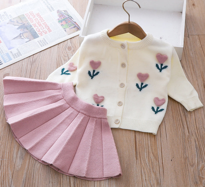 Lovely Girls Winter Sweater Flower Dress Children's Two-piece Dress