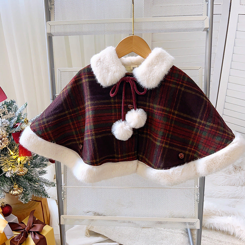Girls' Wool Plaid Cape Skirt Two-piece Set