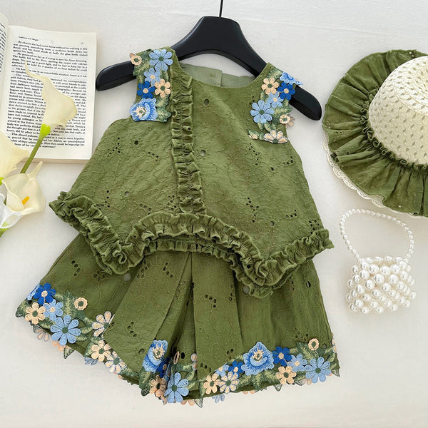 New Summer Girls' Flower Bow Sleeveless Vest Lace Shorts Two-piece Set