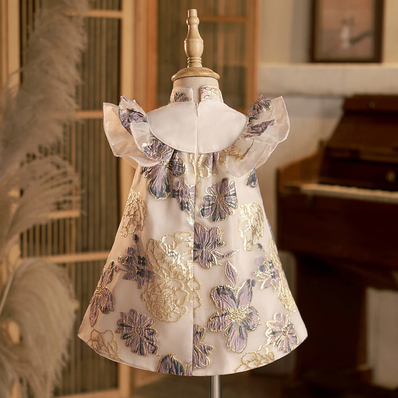 Elegant Baby Satin Jacquard Butterfly Sleeve Princess Dress Toddler Girls Pageant Dresses