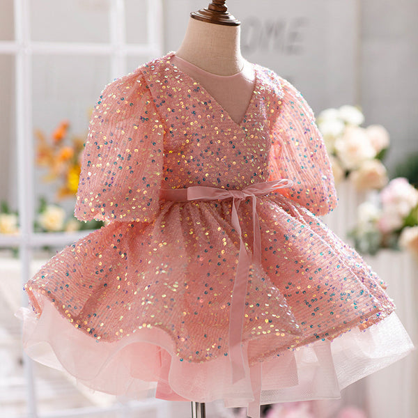 Elegant Baby Girls Pink Sequin Balloon Sleeve Puff Princess Dress Toddler First Communion Dress