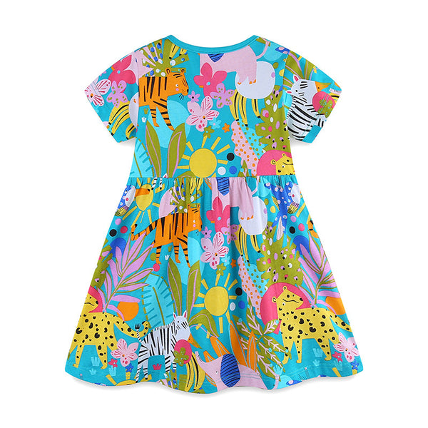 Girls Cartoon Animal Print Round Neck Pullover Princess Dress