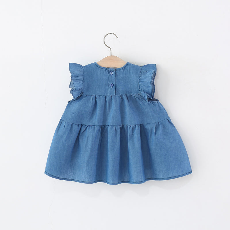 Girls Summer Flying Sleeve Dress Girls Denim Bow Dress