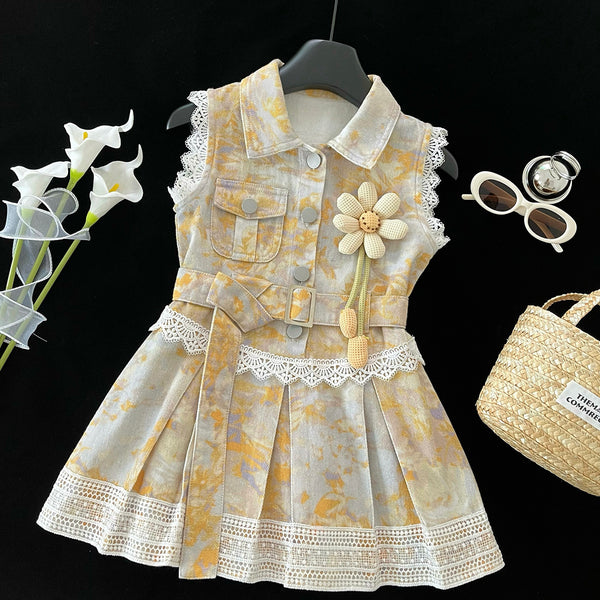 Girls Summer Sleeveless Denim Lapel Lace Princess Dress
