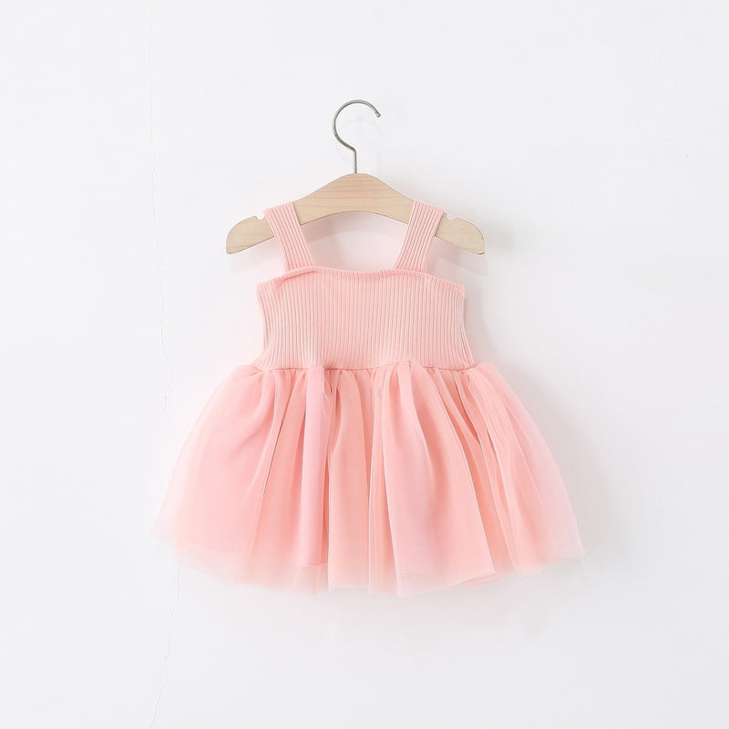 Girls Summer Bowknot Suspender Mesh Princess Vest Dress