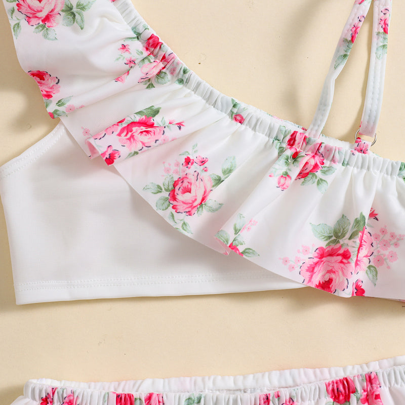 Baby Girls Flower Print One Shoulder Strap Swimsuit Two-Piece Set