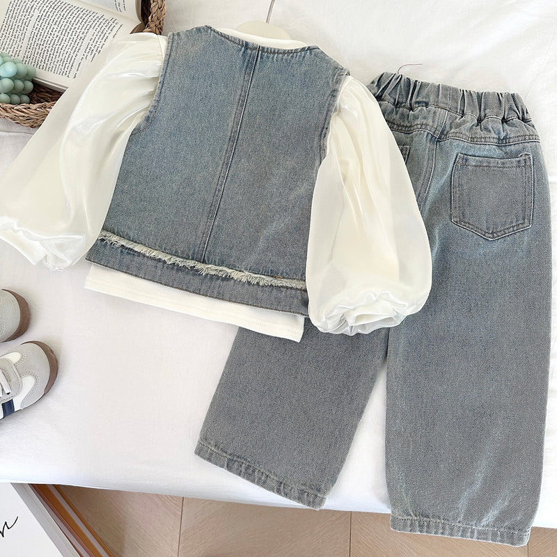 Girls' Autumn New Denim Vest and Jeans Two-piece Set