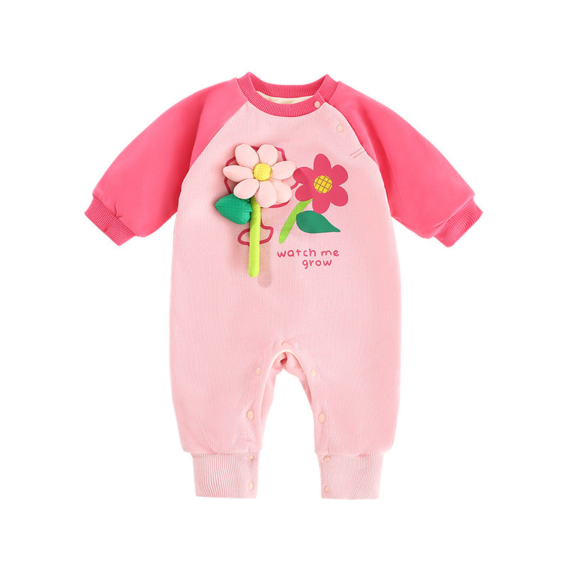 Pink Raglan Sleeve Velvet Petite Flower Baby Romper