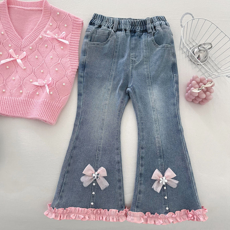 Girls' 3D Bow Knitted Vest Shirt and Jeans Three-Piece Set