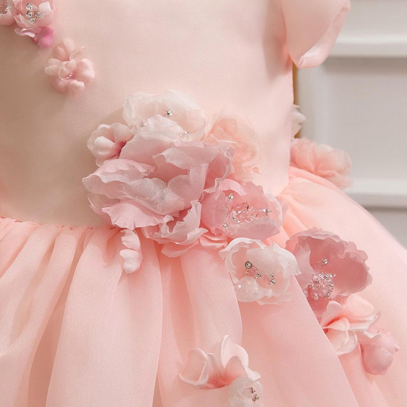 Elegant Baby Pink Puff Sleeve Princess Dress Toddler's First Birthday Flower Fluffy Dress