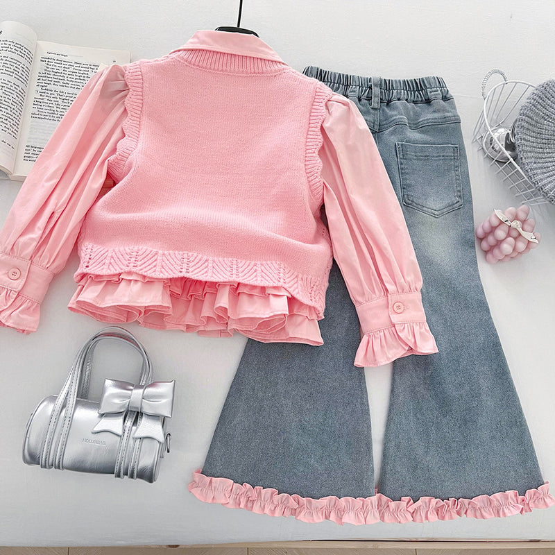 Girls' Autumn Love Vest Shirt Jeans Three-Piece Set