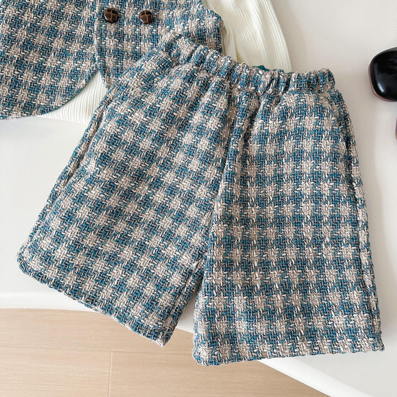 Girls' Autumn New Plaid Bottoming Shirt Vest Shorts Three-piece Set