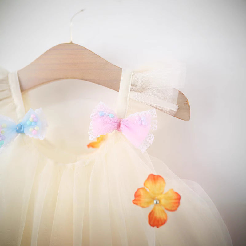 Summer New Girls Bow Petal Tulle Dress