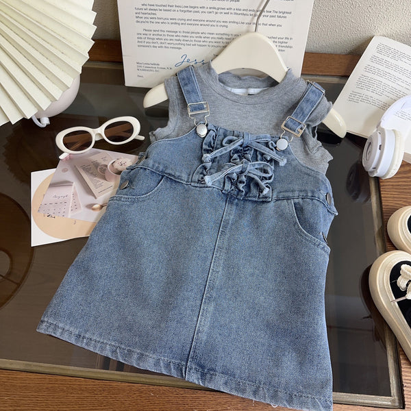 Girls New Summer Denim Sleeveless Overalls Skirt