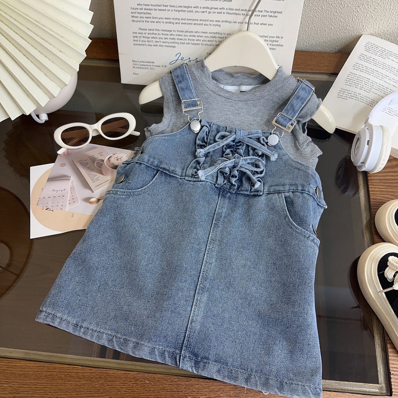 Girls New Summer Denim Sleeveless Overalls Skirt