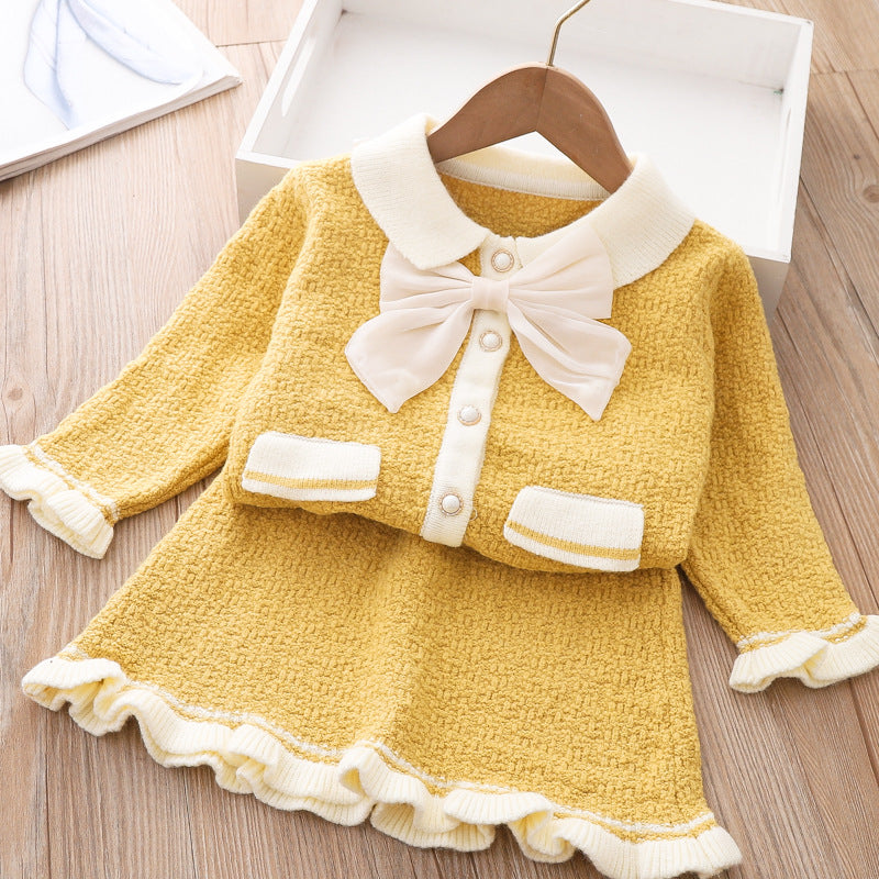 Cute Baby Girl Bow-knot Winter Dress Infant Knitted Sweater Two Piece Set Dress