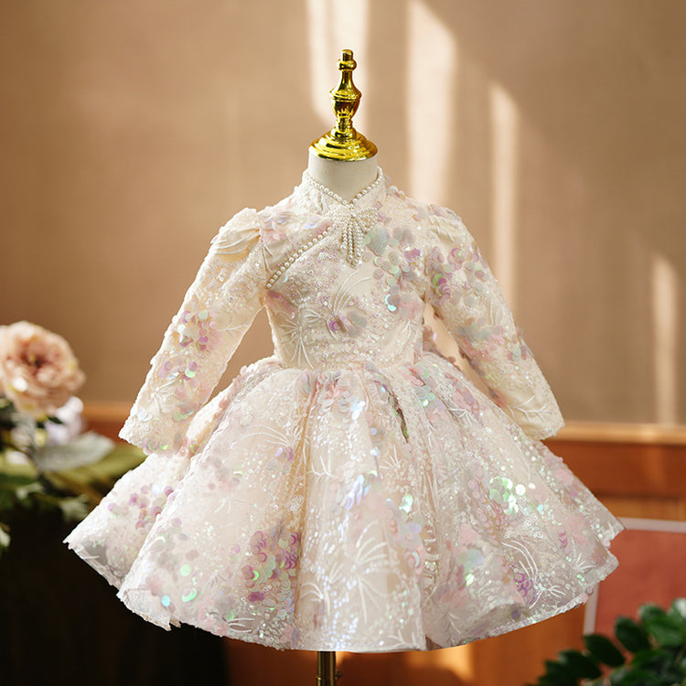 Sweet Baby Girls Long Sleeve Sequin Floral Princess Dress Toddler Prom Dress