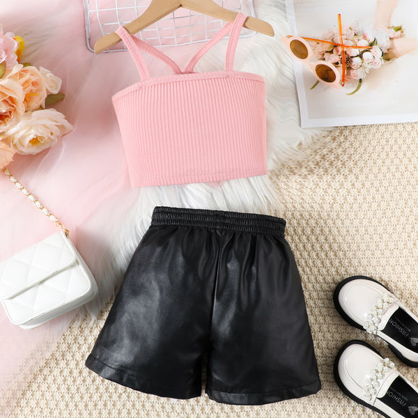 Girls Summer Flower Suspender PU Leather Shorts Two-piece Set