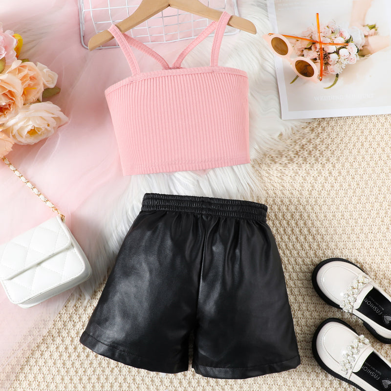 Girls Summer Flower Suspender PU Leather Shorts Two-piece Set