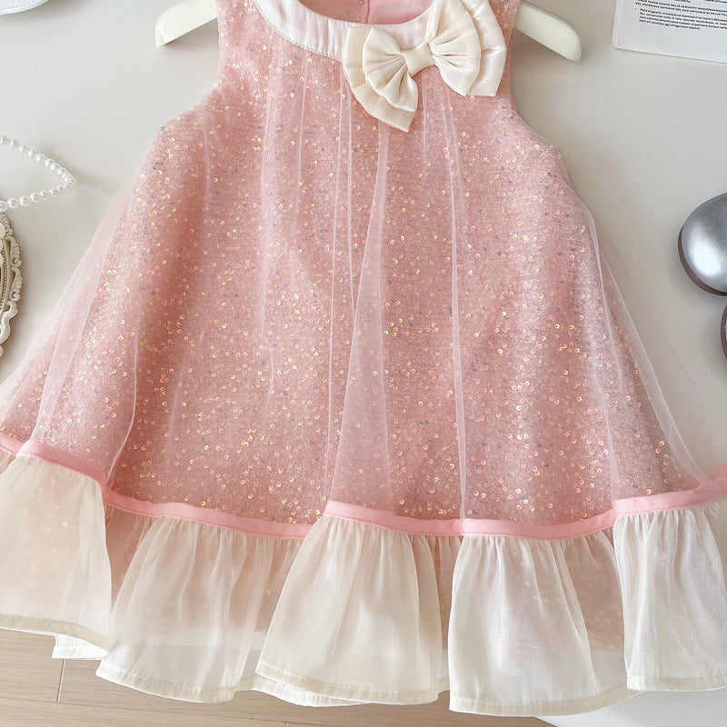 Girls Summer Sleeveless Vest Bowknot Sequined Princess Dress