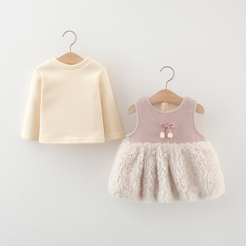 Girls' Winter Fleece Top Fur Vest Dress Two-piece Set
