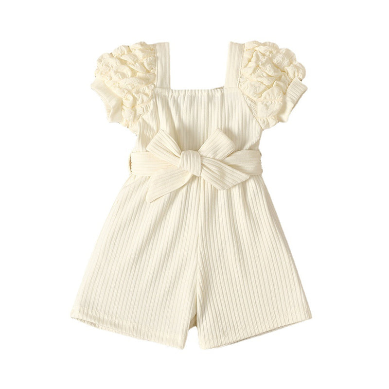 Baby Summer Square Neck Puff Sleeve Belt Jumpsuit Shorts