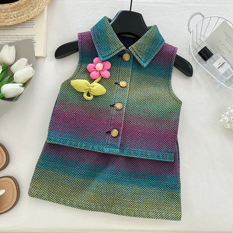 Girls Summer Denim Suit Flower Color Vest Skirt Two-piece Set