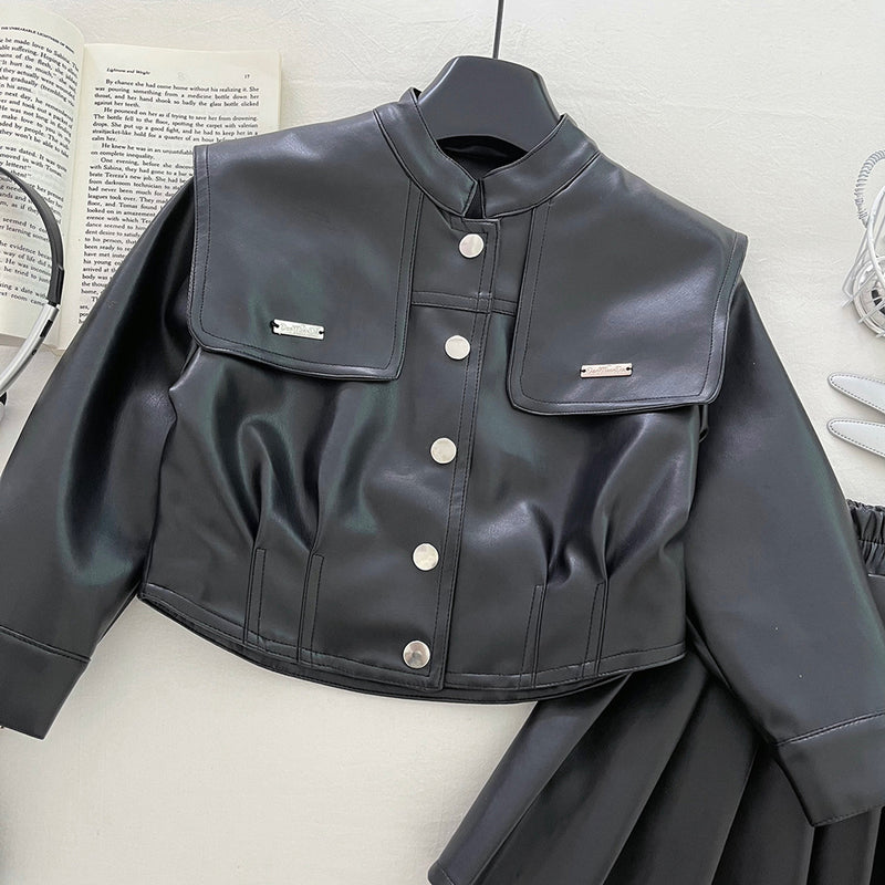 Girls' Autumn Soft PU Leather Short Skirt Two-Piece Set
