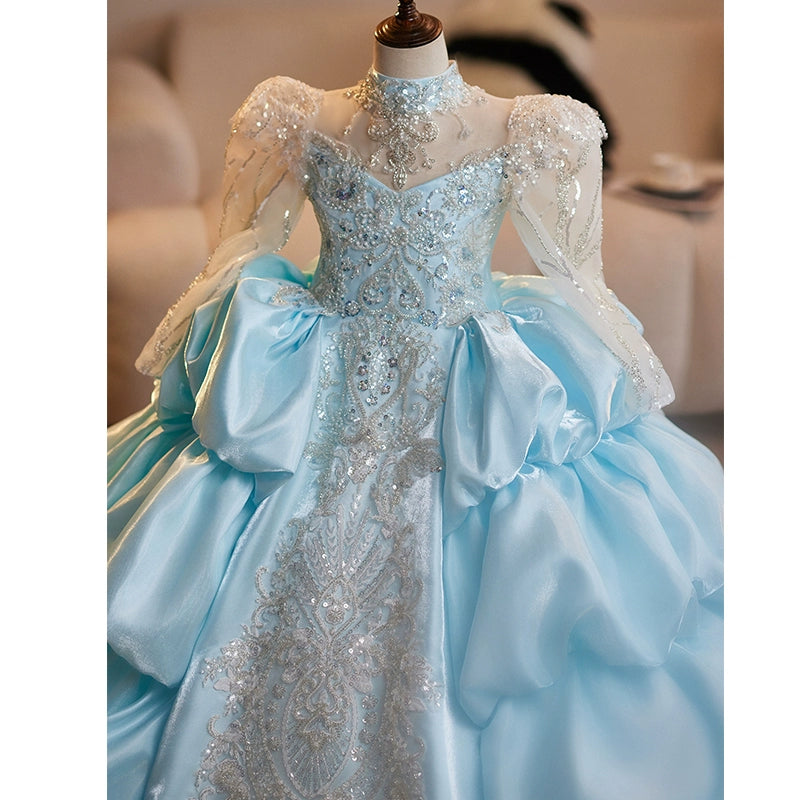 Girls Blue Sequined Dress Flower Girl Wedding Dress Puffy Princess Dress