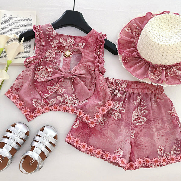 Girls Summer Hollow Bow Top Flower Shorts Two-Piece Set