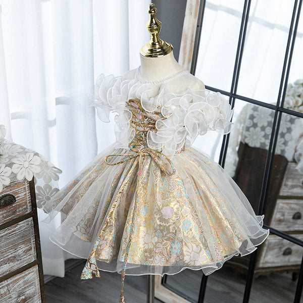 Elegant Baby Champagne Mesh Floral Princess Dress Toddler Party Princess Dress