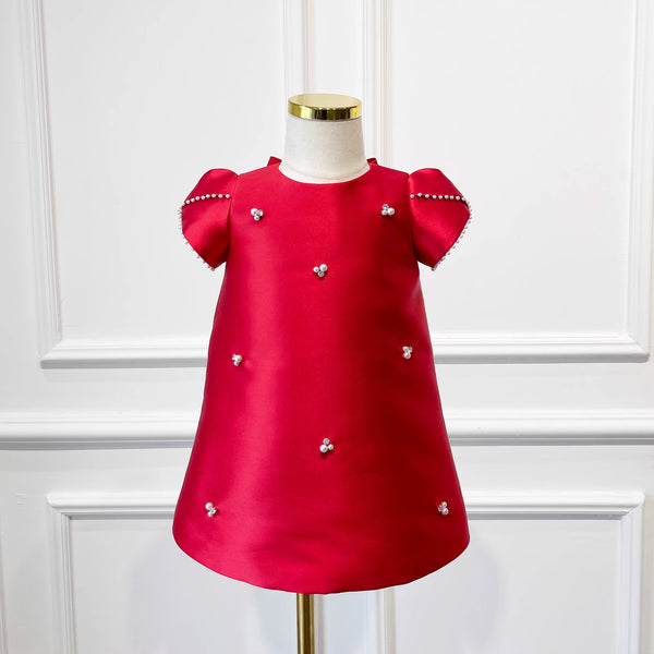 Girls Birthday Dress Red Children Satin Princess Dress
