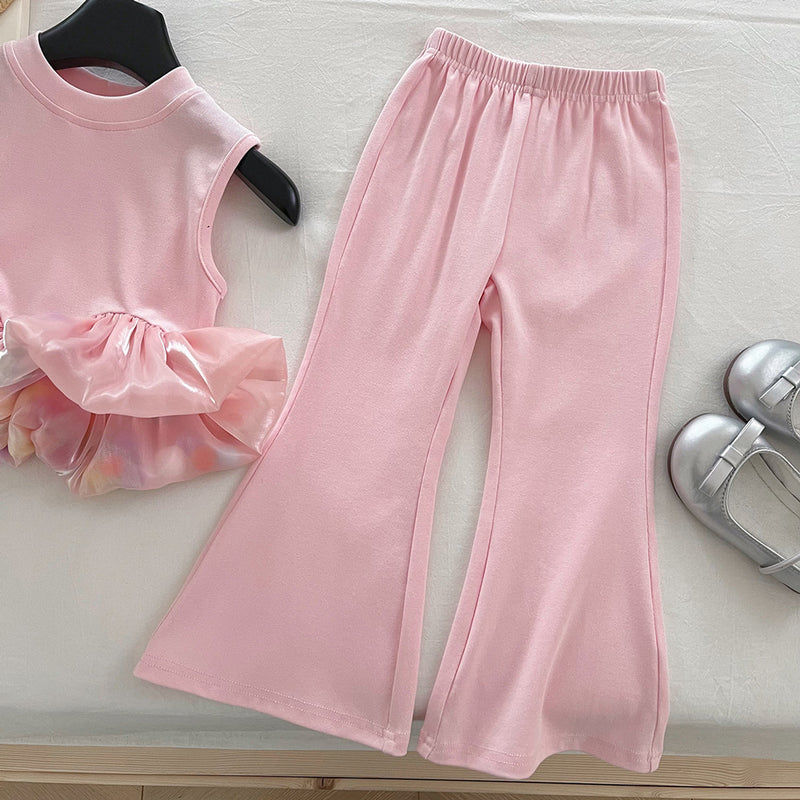 Girls Pink Sleeveless Vest Flared Pants Two-piece Set