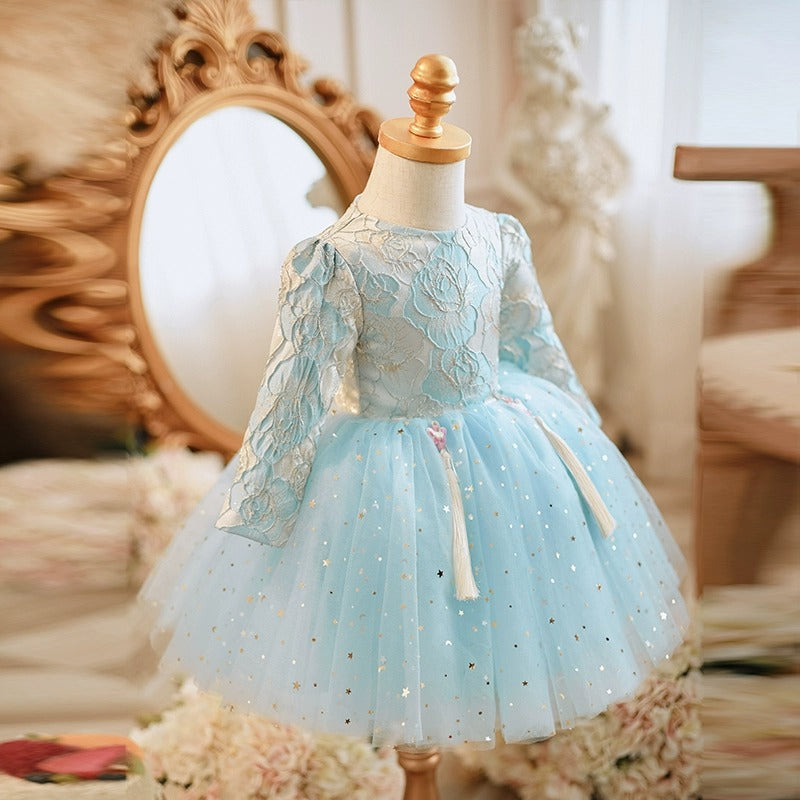 Elegant Baby Light Blue Long Sleeve Floral Fringed Sequin Princess Dress Toddler Pageant Dresses