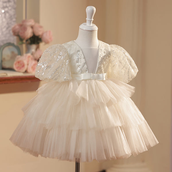 Flower Girl Dress Toddler Puff Sleeves Bow Sequin Mesh Fluffy Princess Dress