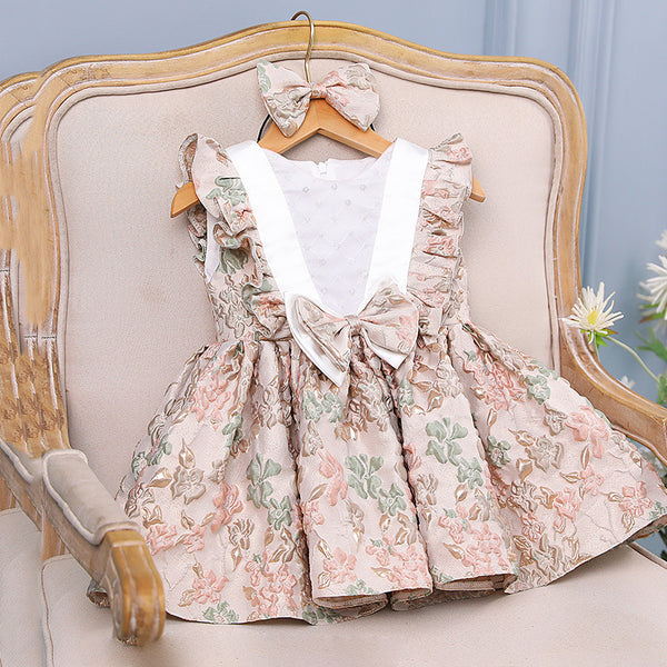 Elegant Baby Girls Butterfly Sleeves V-neck Floral Princess Dress for Young Children Birthday Dress