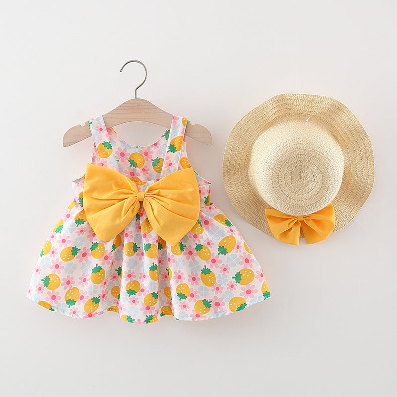 Baby Girl Strawberry Print Bow Suspender Dress